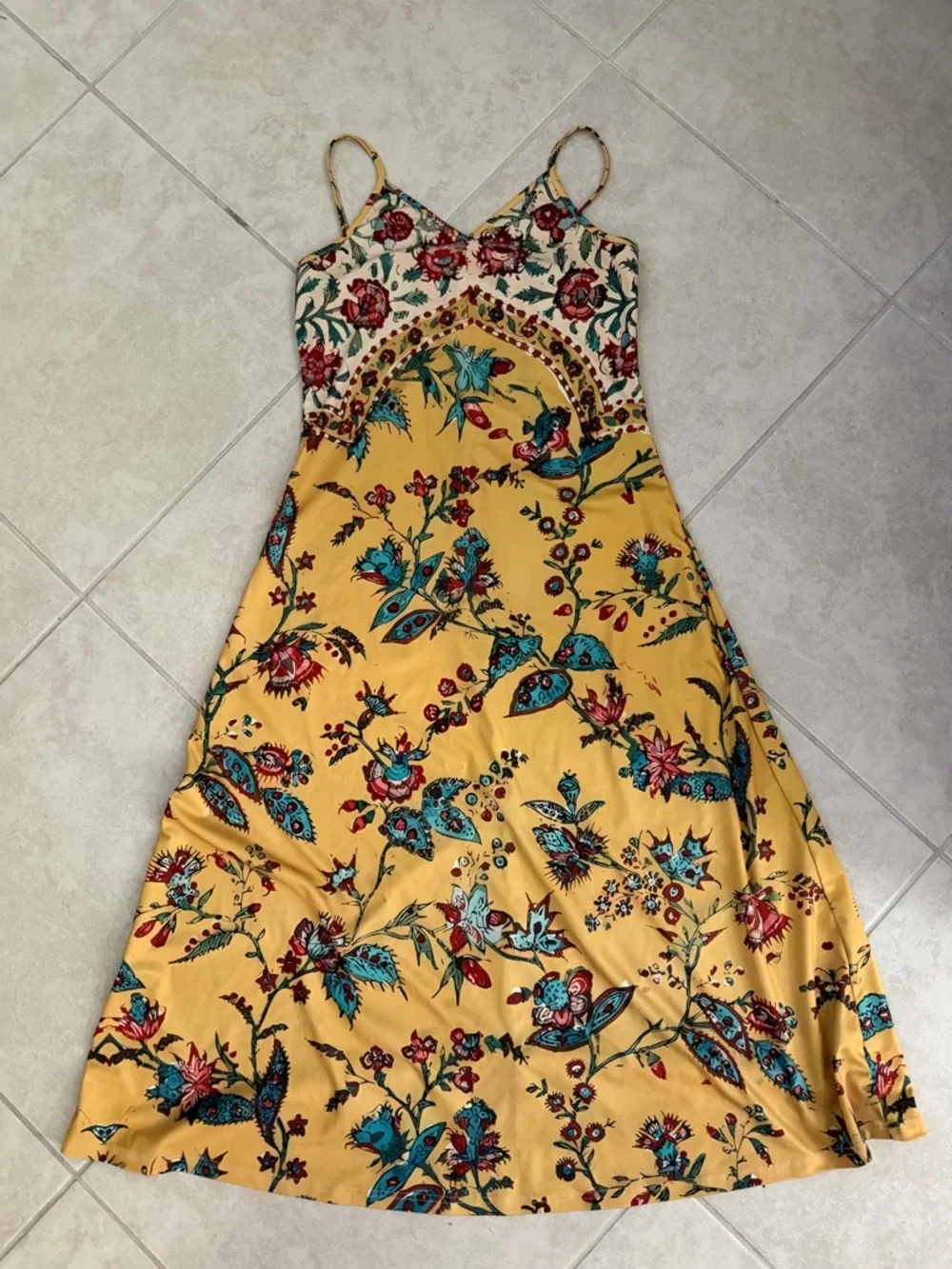 Summer Yellow Floral Maxi Dress Teal & Red Accents vacation wear